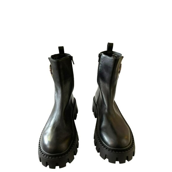 Steve Madden Sameera Black Leather Combat Lug Boots Gold Buckle Sz 9 NEW - Picture 2 of 8